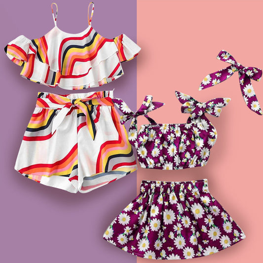 BabyGirl's Princess Stylish Lavender Floral & Multi lining Top Sleeveless And Shorts ( Combo Pack Of 2 ) for Kids.