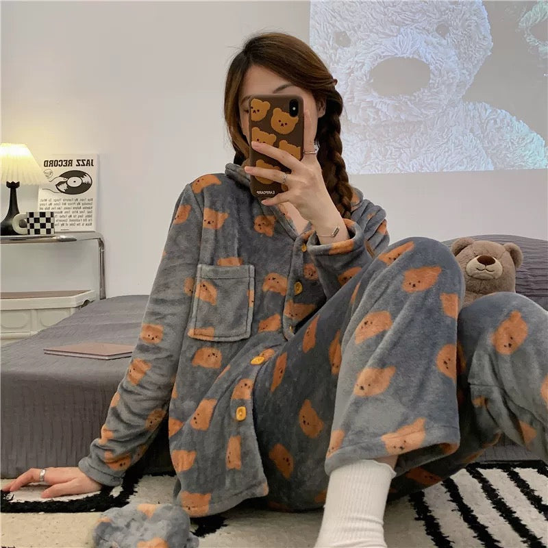 Glaciora Ultra-Soft Fleece Bear Print Winter Nightwear Set (2-Piece)